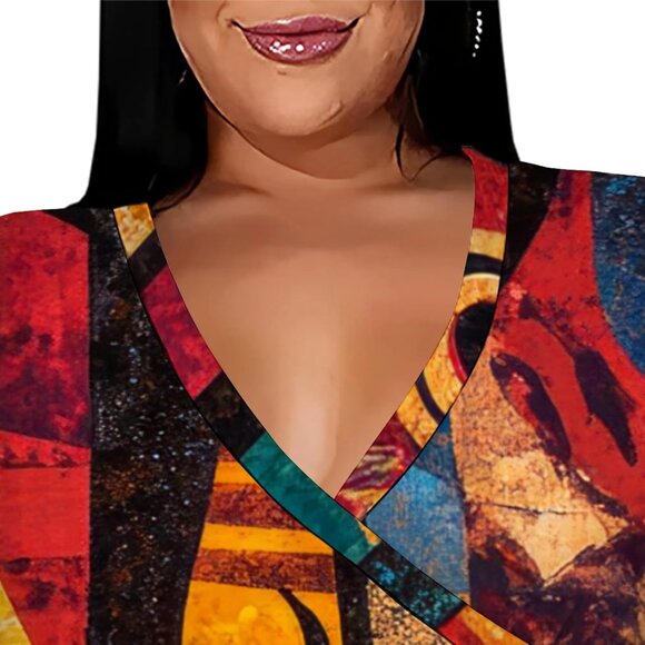 Plus Size Maxi Dress V-Neck 3/4 Sleeves Belt Floor Length Casual Formal - Picture 6 of 6